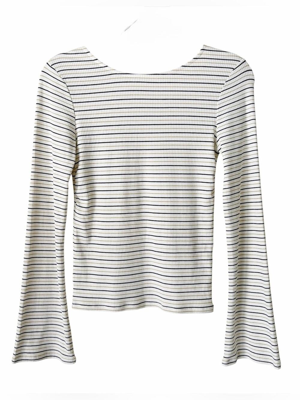 Boden | Striped Ribbed Knit Shirt Top Bell Sleeves Scoop Back Cream Black Gold 2